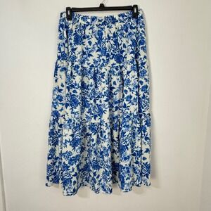 SHEIN Blue White Toile Maxi Skirt Floral Tiered Cottage Boho Satiny Women 1XL